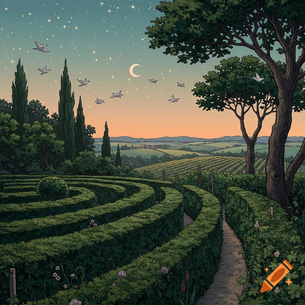 Stylized illustration of a hedge maze and vineyard at dusk under a starry sky with a crescent moon and flying birds.