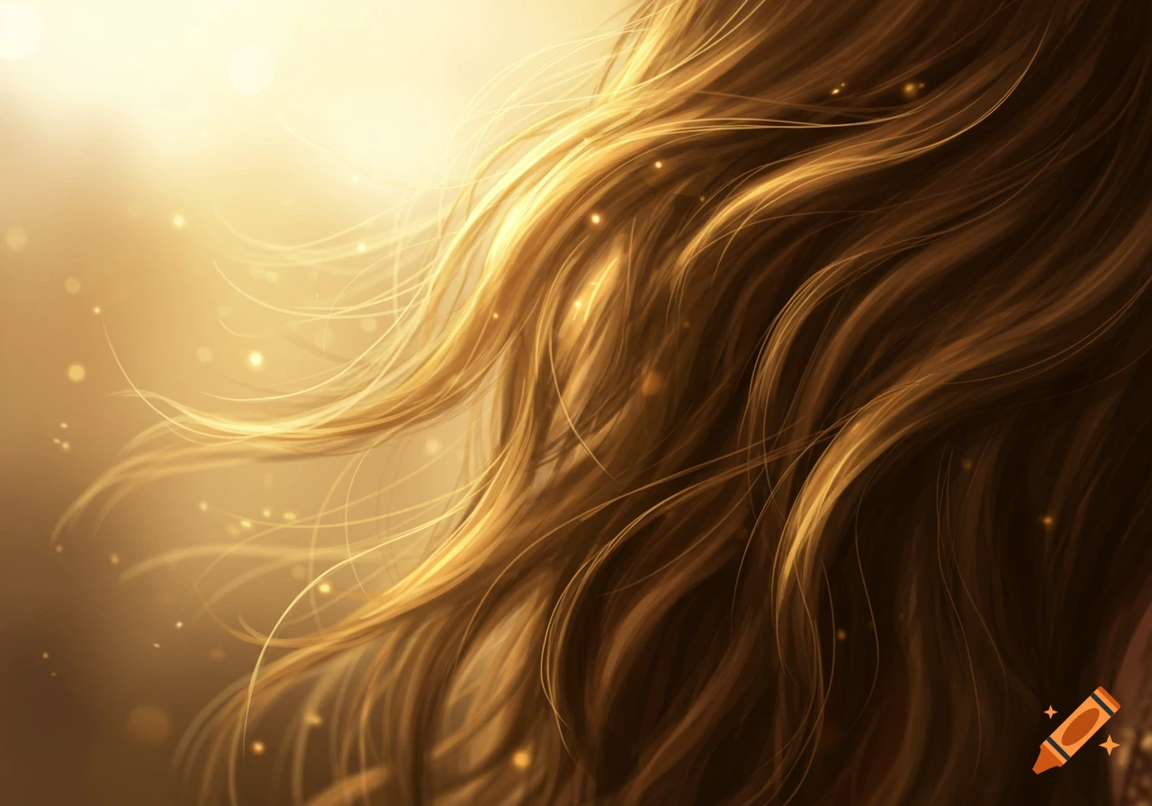 Close-up of elegant, flowing golden-brown hair with soft golden light and sparkling particles in a dreamy digital art style.