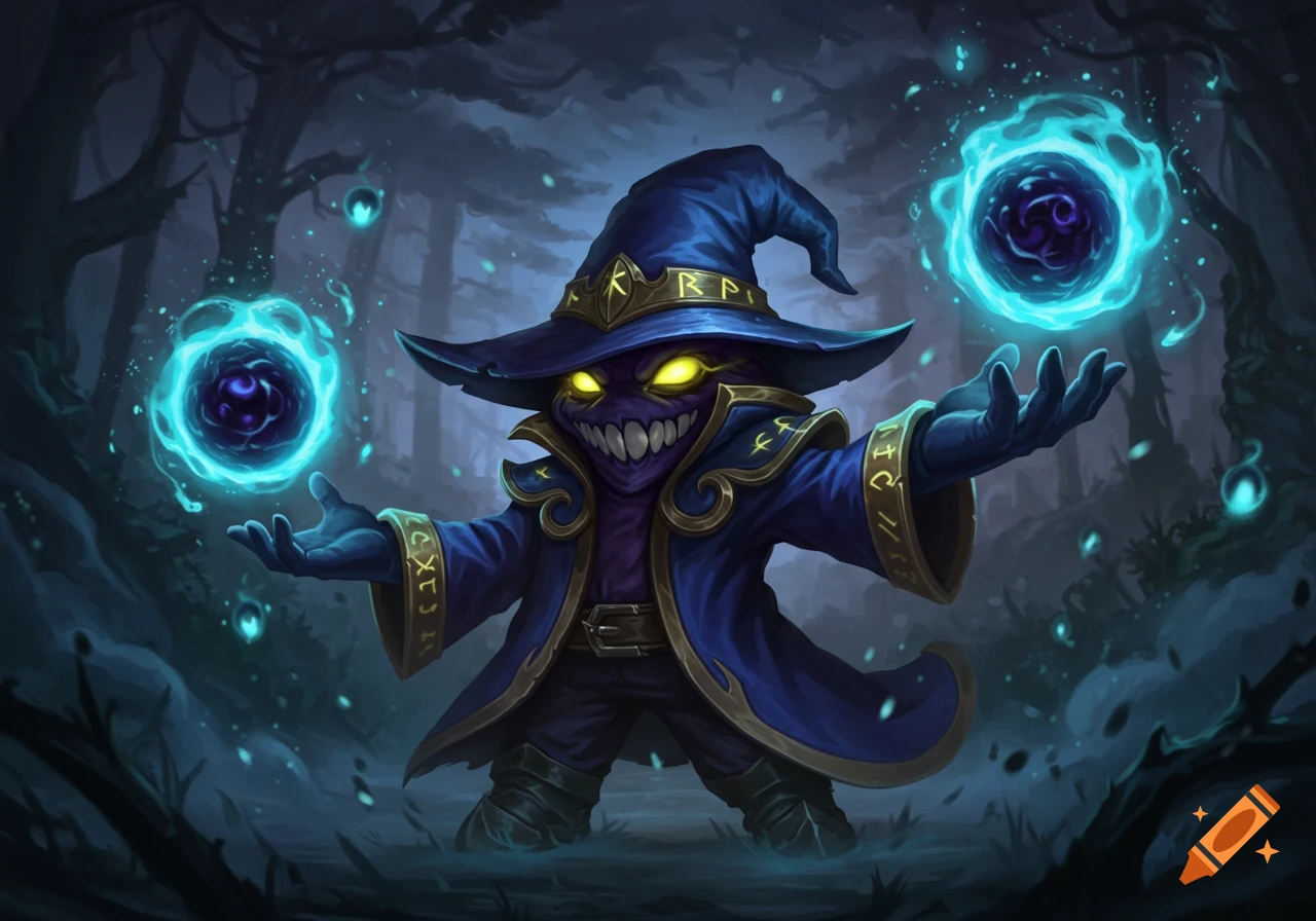A dark, cartoonish wizard in a blue hat and robe, with glowing yellow eyes and a sharp-toothed grin, holds two glowing blue magic orbs in a dark forest.