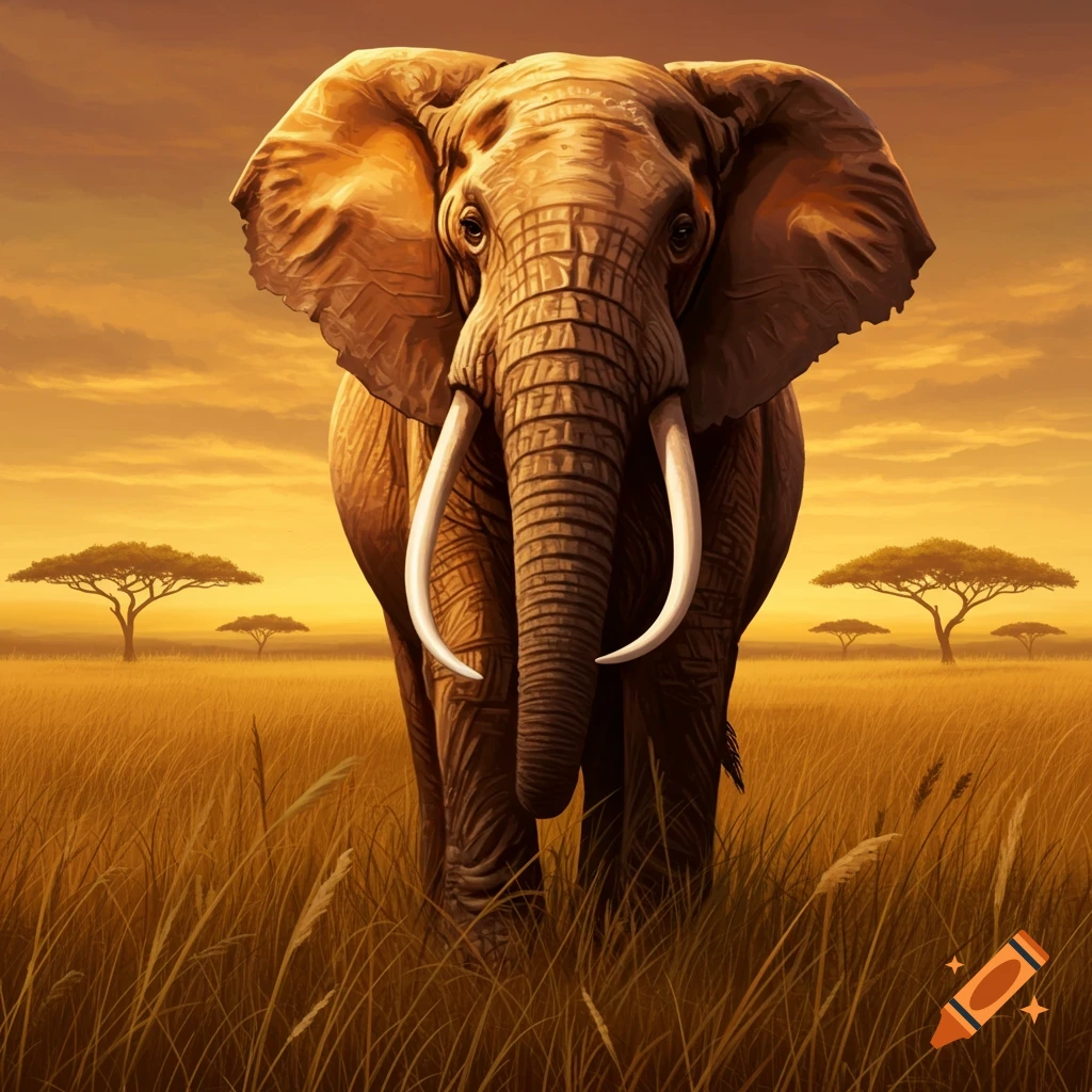 A majestic elephant with large tusks stands in golden savanna grass at sunset, with acacia trees in the background, in a painterly style.
