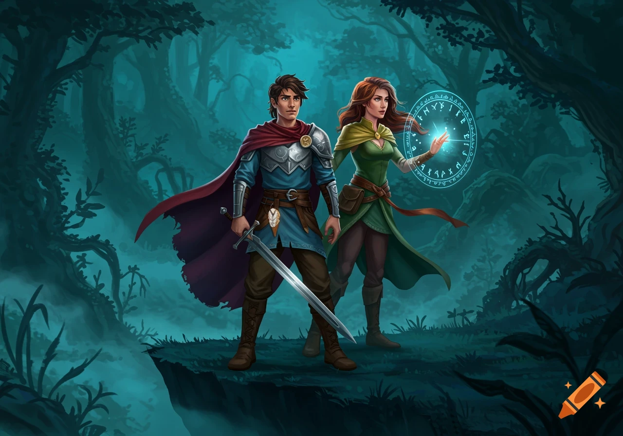 A male warrior with a sword and a female magic-user casting a spell in a dark, misty fantasy forest.