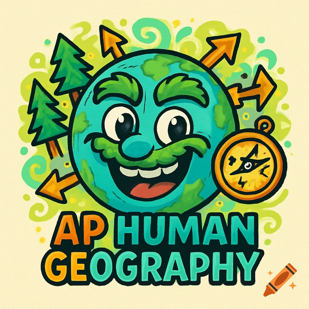 A vibrant cartoon logo featuring a smiling Earth character with trees and a compass, text reads "AP HUMAN GEOGRAPHY".