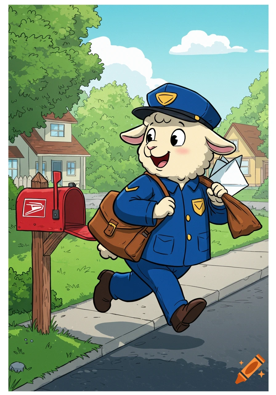 A cheerful cartoon sheep mailman in a blue uniform carries a mail bag while walking past an open red mailbox in a suburban neighborhood.