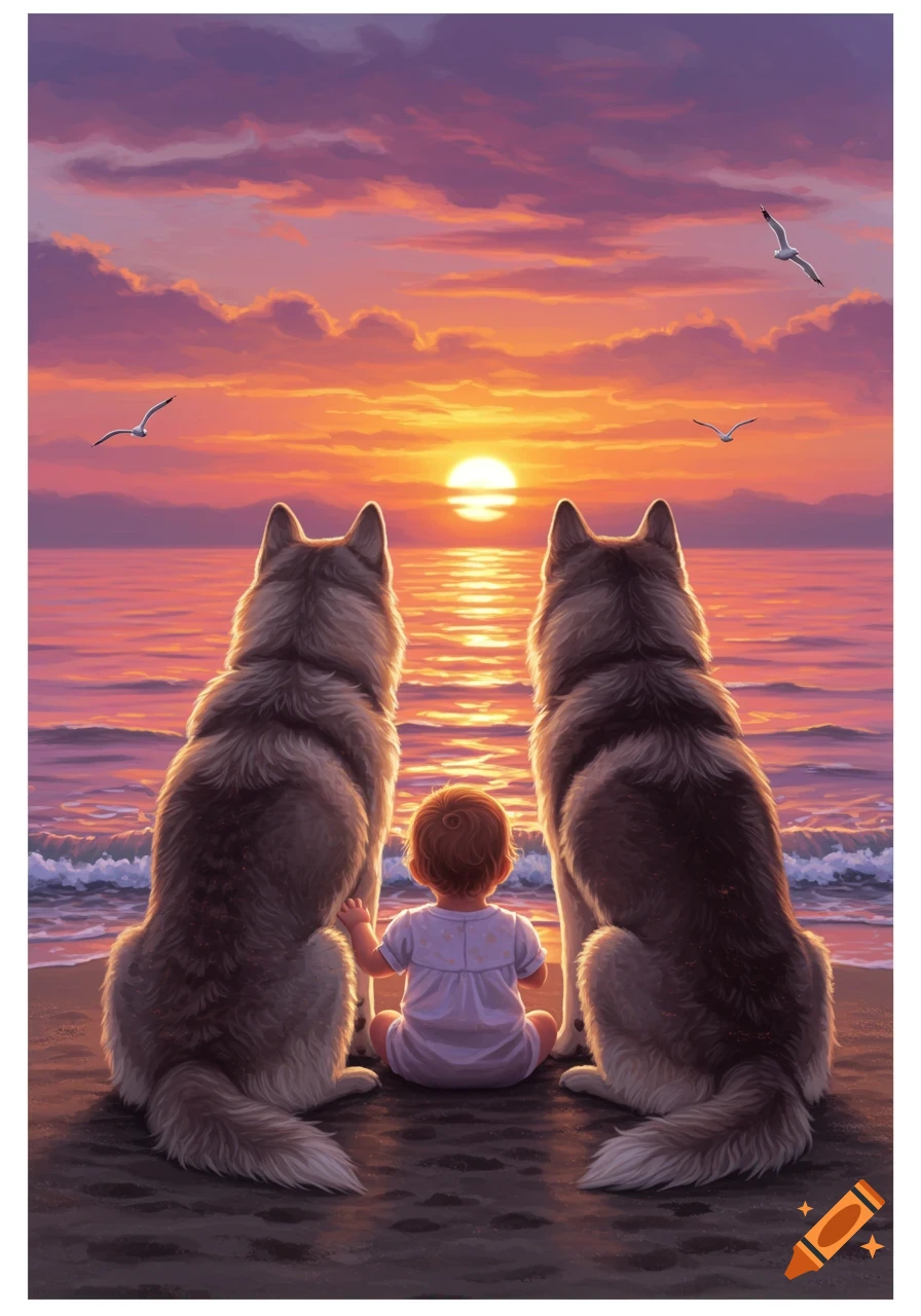 Two huskies and a baby sit on a beach, watching the sunset over the ocean in a digital painting.