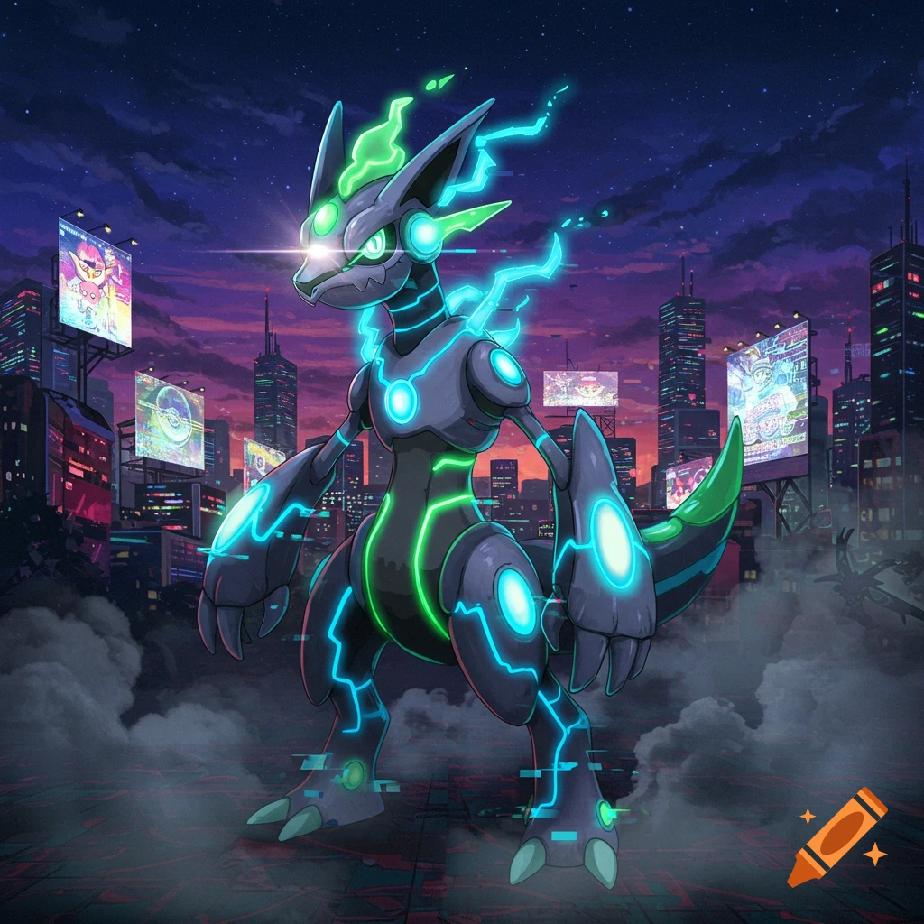 A futuristic, wired Pokémon-like creature with glowing blue and green lines stands in a dark, cyberpunk city.