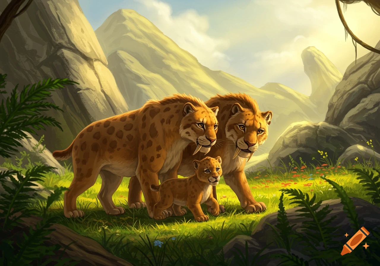Illustrated family of saber-toothed tigers, two adults and a cub, walking through a vibrant green, mountainous landscape.