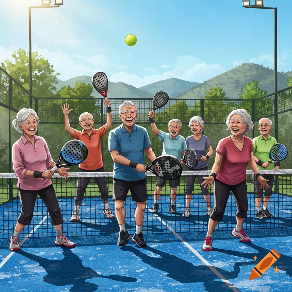 A group of happy elderly people playing padel tennis on a blue court with mountains in the background, in an illustrative style.