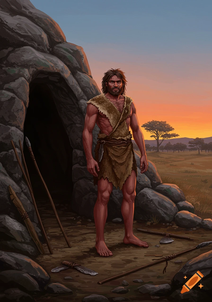 An illustration of a muscular caveman in animal hides standing barefoot in front of a cave at sunset, surrounded by primitive tools.