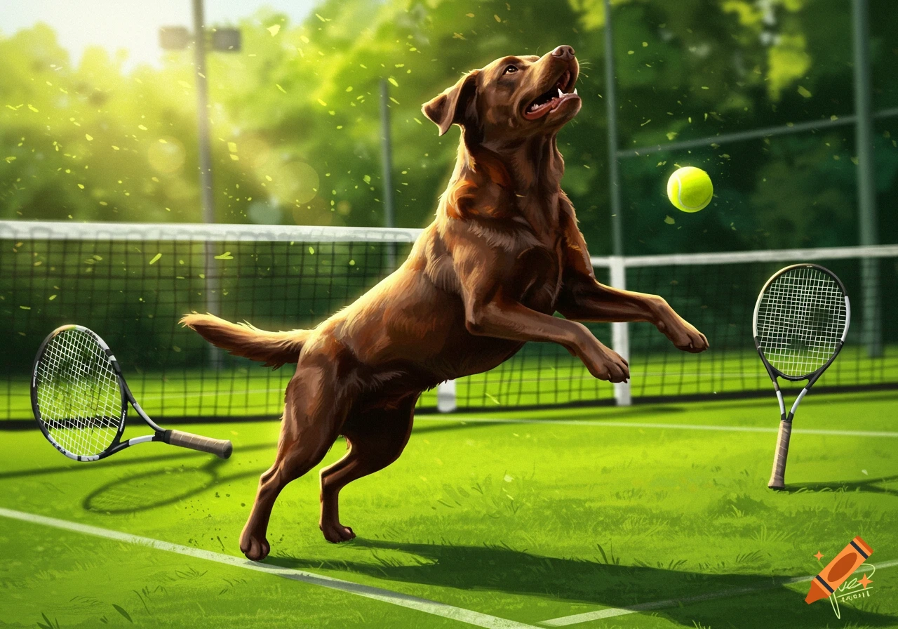 A brown Labrador dog leaps to catch a tennis ball on a sunny green court, with two tennis rackets nearby, in an illustrative style.