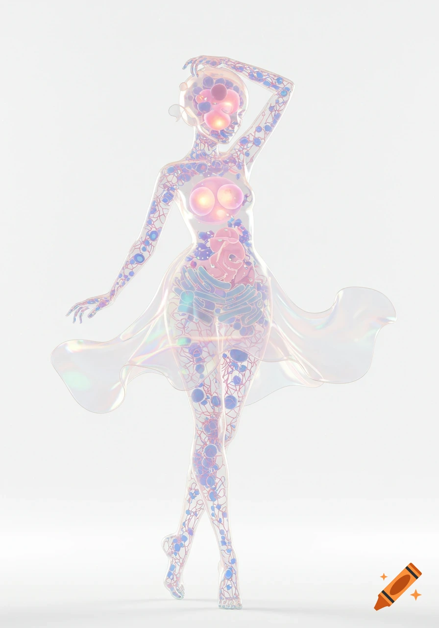 A glowing, stylized holographic female figure on a white background, revealing internal organs and cellular patterns in pink, blue, and purple.