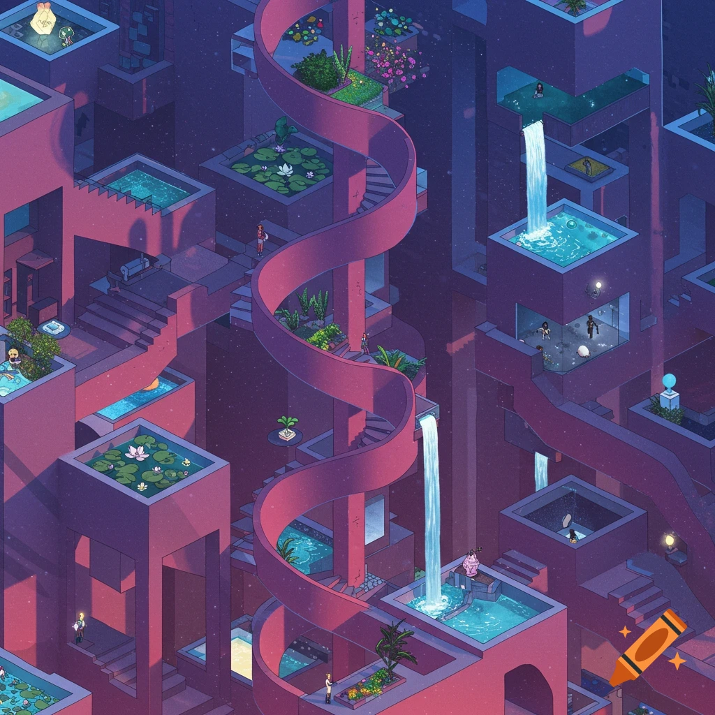 An isometric, fantastical architectural landscape with winding stairs, waterfalls, pools, and gardens, rendered in pink and purple hues.