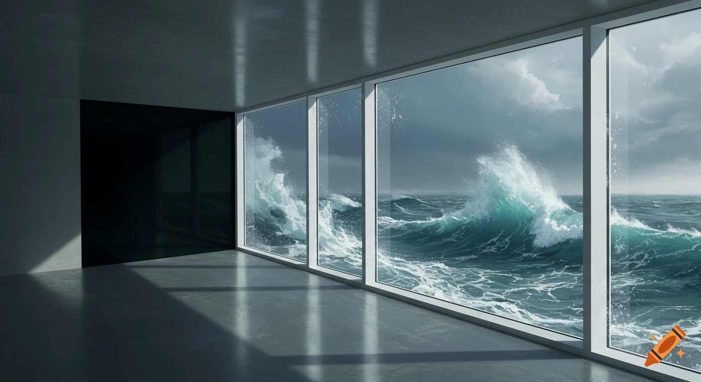 A modern room with large windows overlooking a turbulent, stormy sea with crashing waves. One window pane is blacked out.