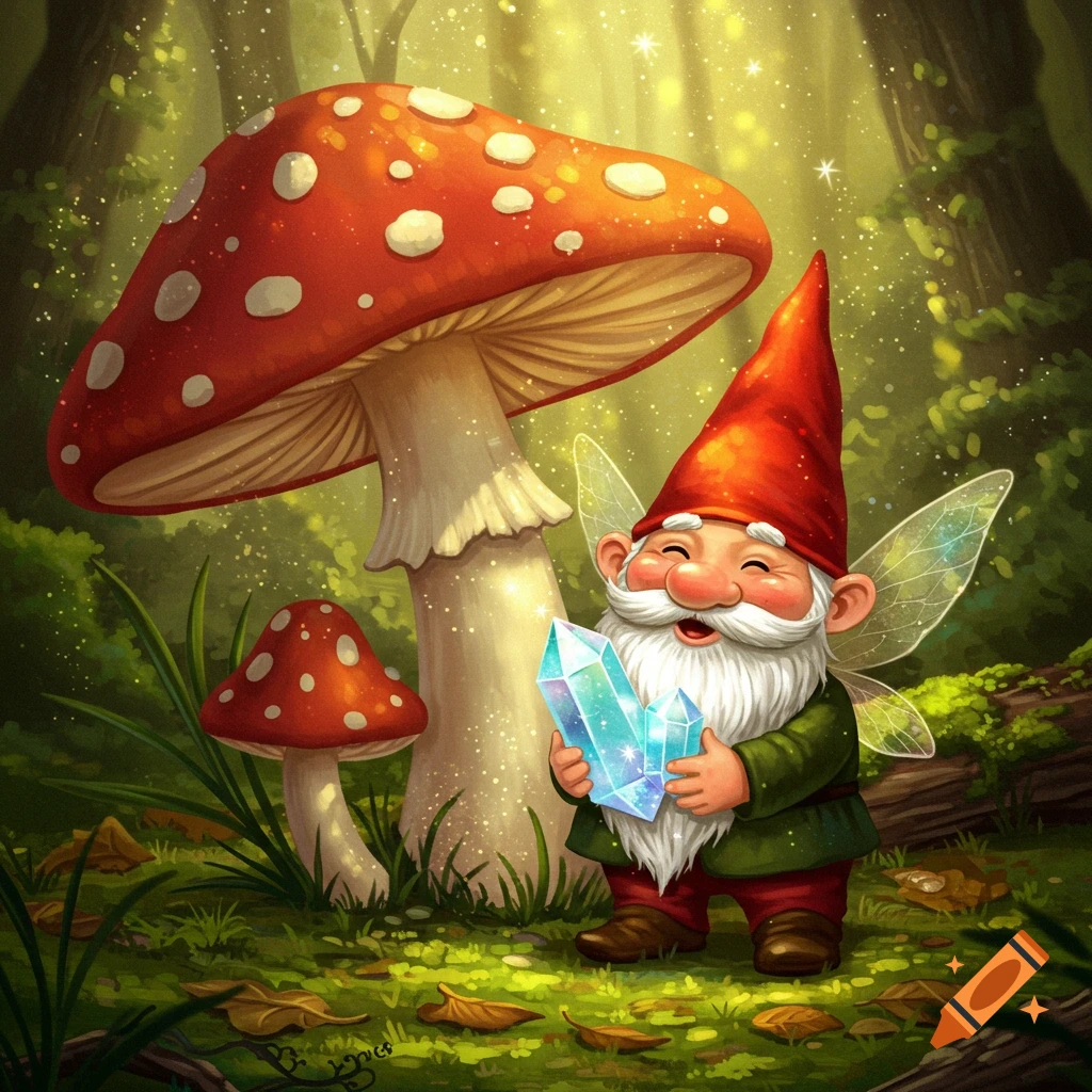 A happy gnome with a red hat and white beard holds blue crystals by a large red and white mushroom in a magical forest.