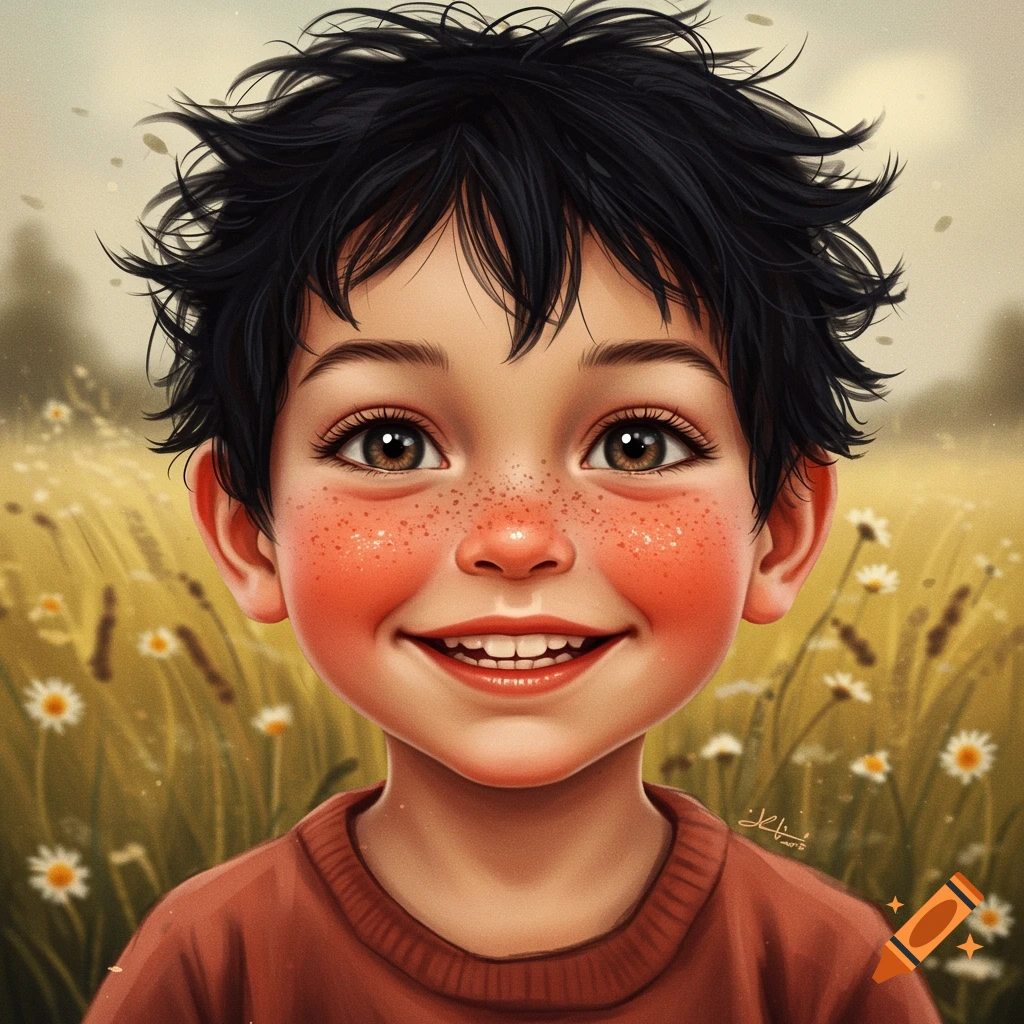 Stylized portrait of a young boy with messy black hair, large brown eyes, freckles, and rosy cheeks, smiling in a field of wildflowers.