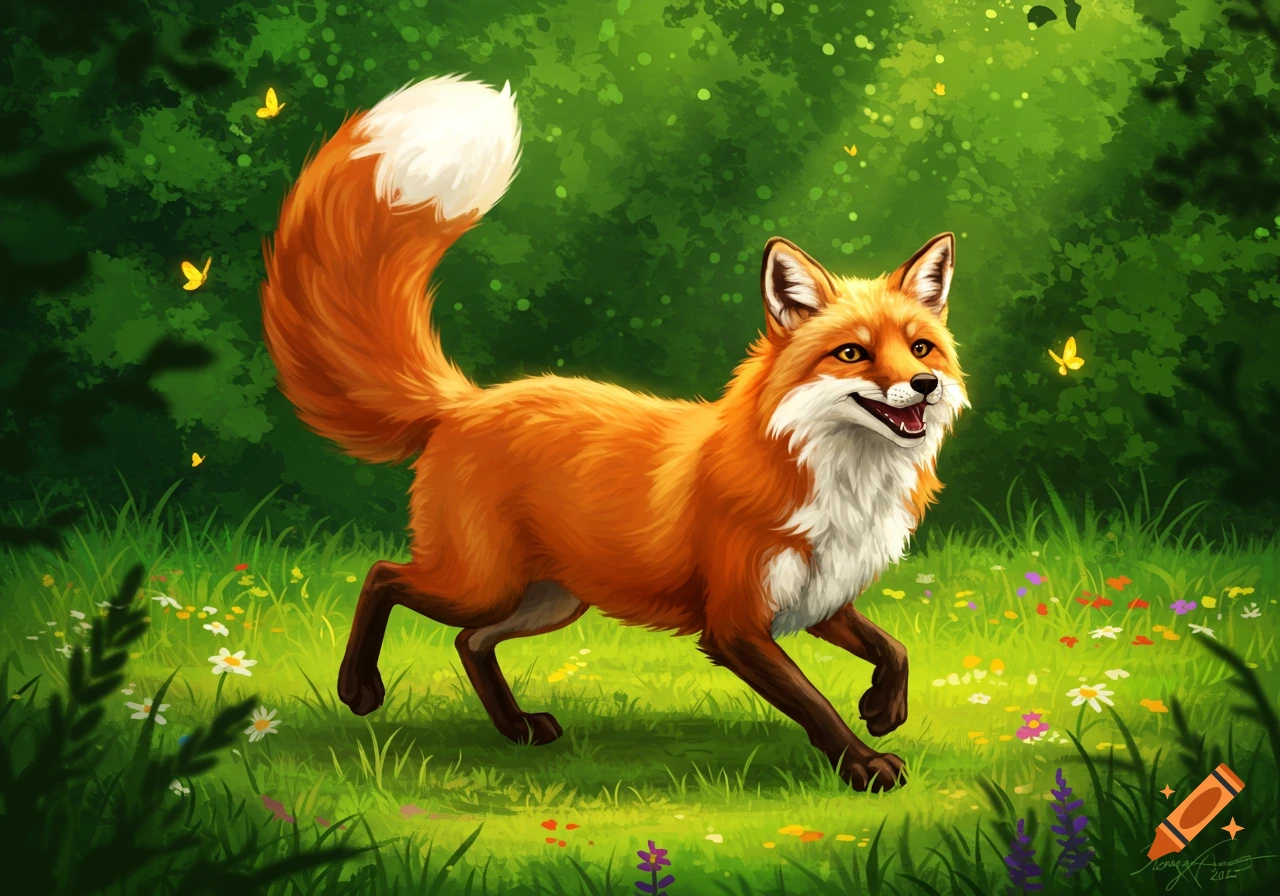 A happy orange fox with a white chest and tail tip runs through a vibrant green forest with wildflowers and yellow butterflies. Illustrated style.