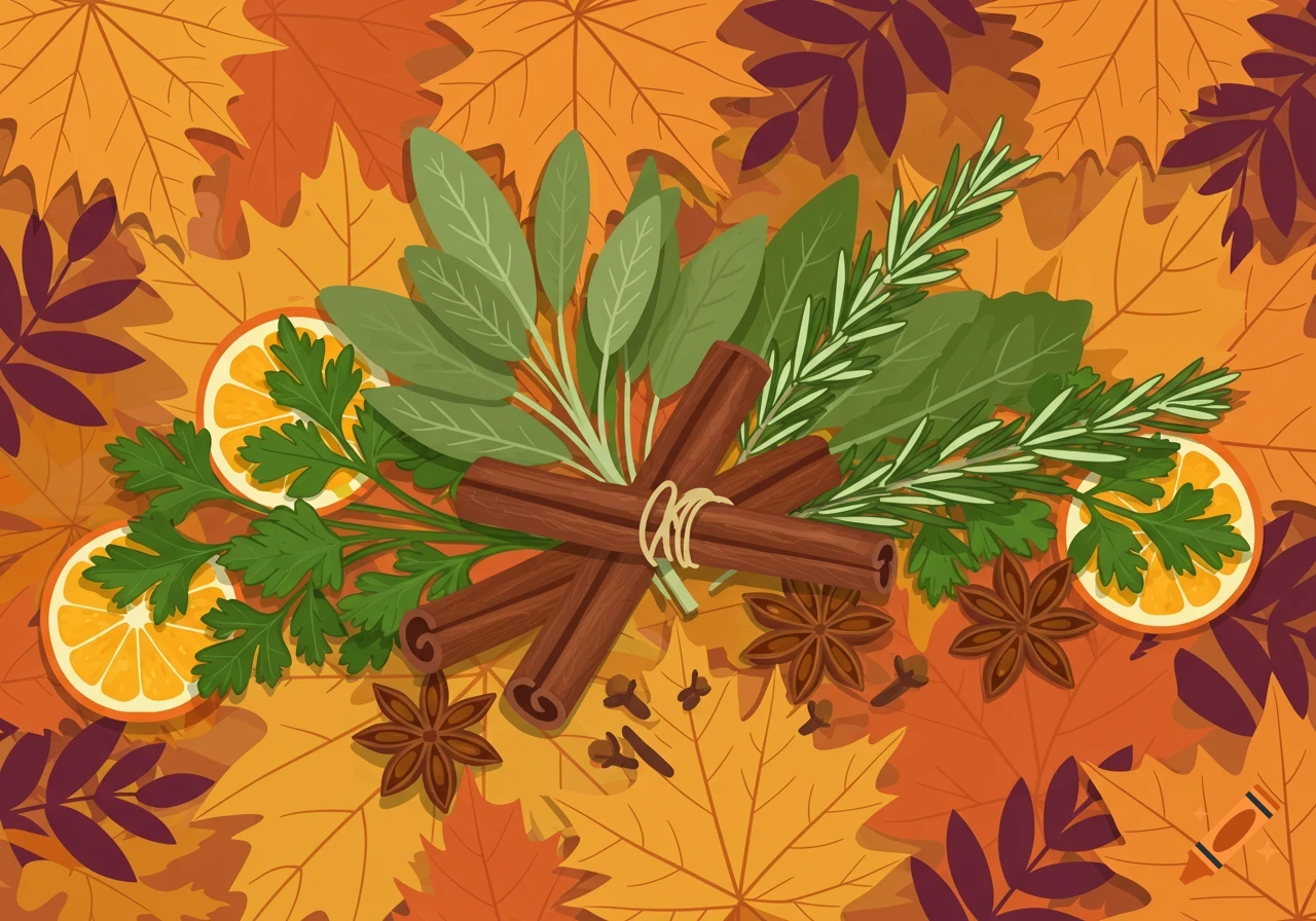 A flat illustration of an autumn arrangement featuring cinnamon sticks, star anise, cloves, sage, parsley, rosemary, orange slices, and fall leaves.