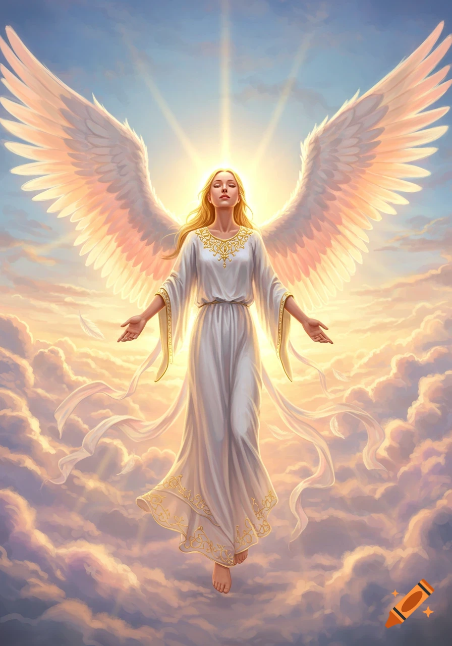 A beautiful blonde angel in a white gown with large white wings, floating among clouds with a bright light behind her.