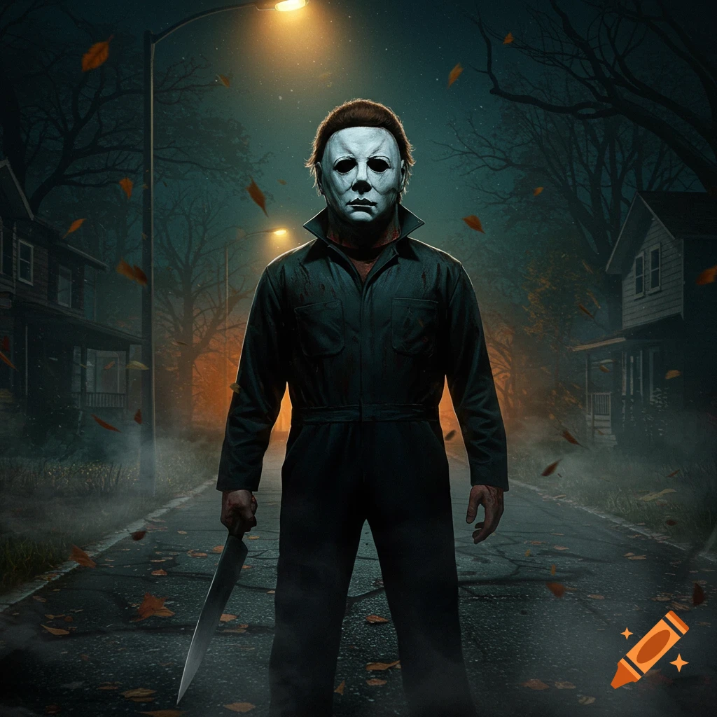Michael Myers with a knife on a dark, leaf-strewn street at night, lit by streetlights.