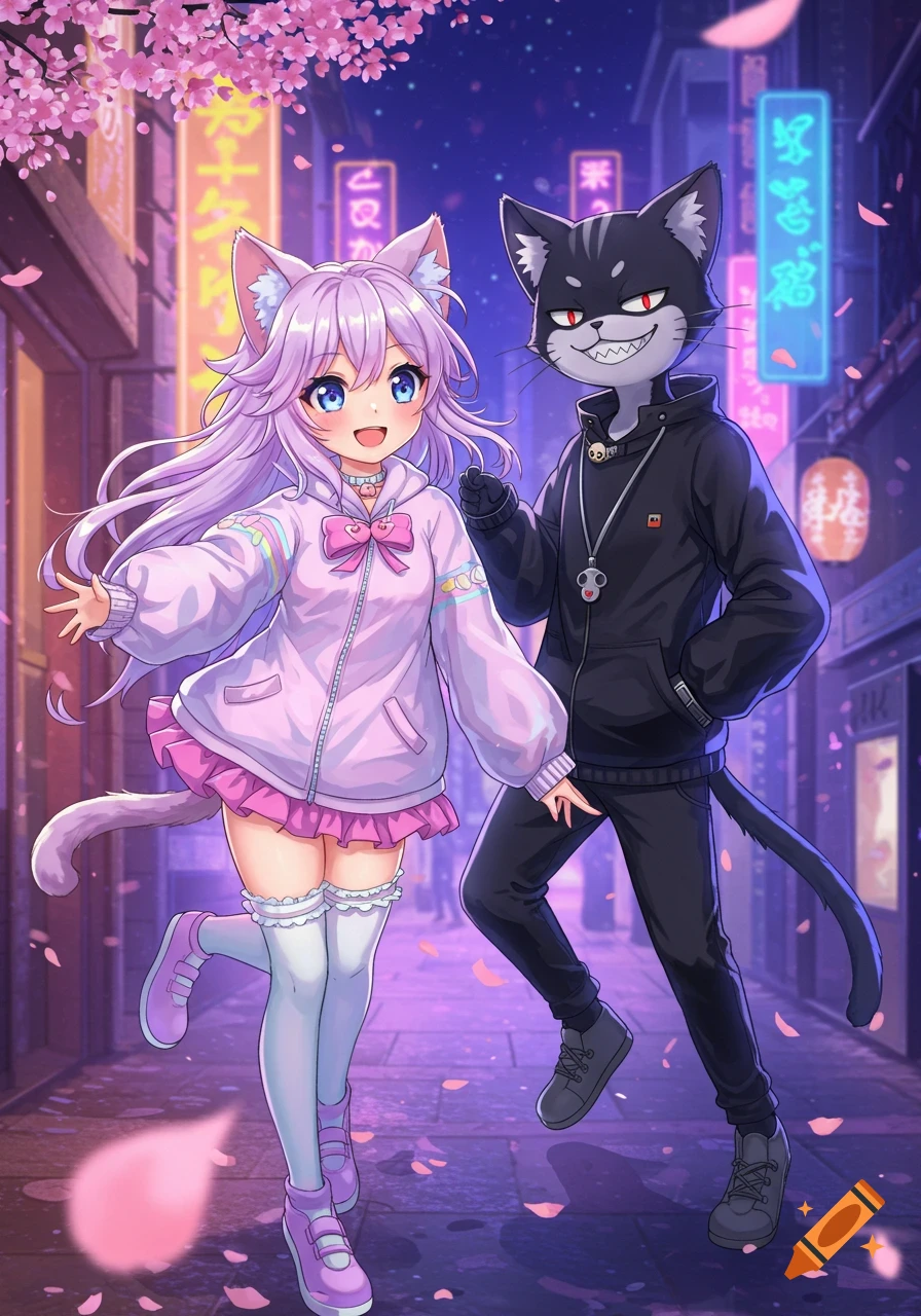An anime cat girl in a pink hoodie and a black cat boy in a black hoodie walk down a neon-lit street with cherry blossoms.