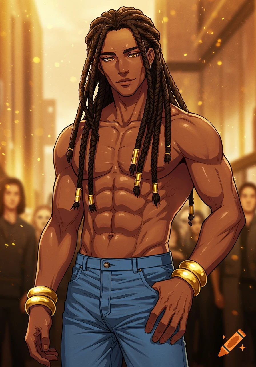 A muscular man with dark skin, long braided hair with gold cuffs, amber eyes, shirtless in blue jeans, wearing gold bangles, in an anime style.
