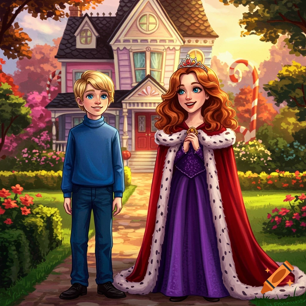 Cartoon illustration of a blonde boy and a red-haired girl dressed as a queen in a red cloak and crown, standing in front of a colorful house.