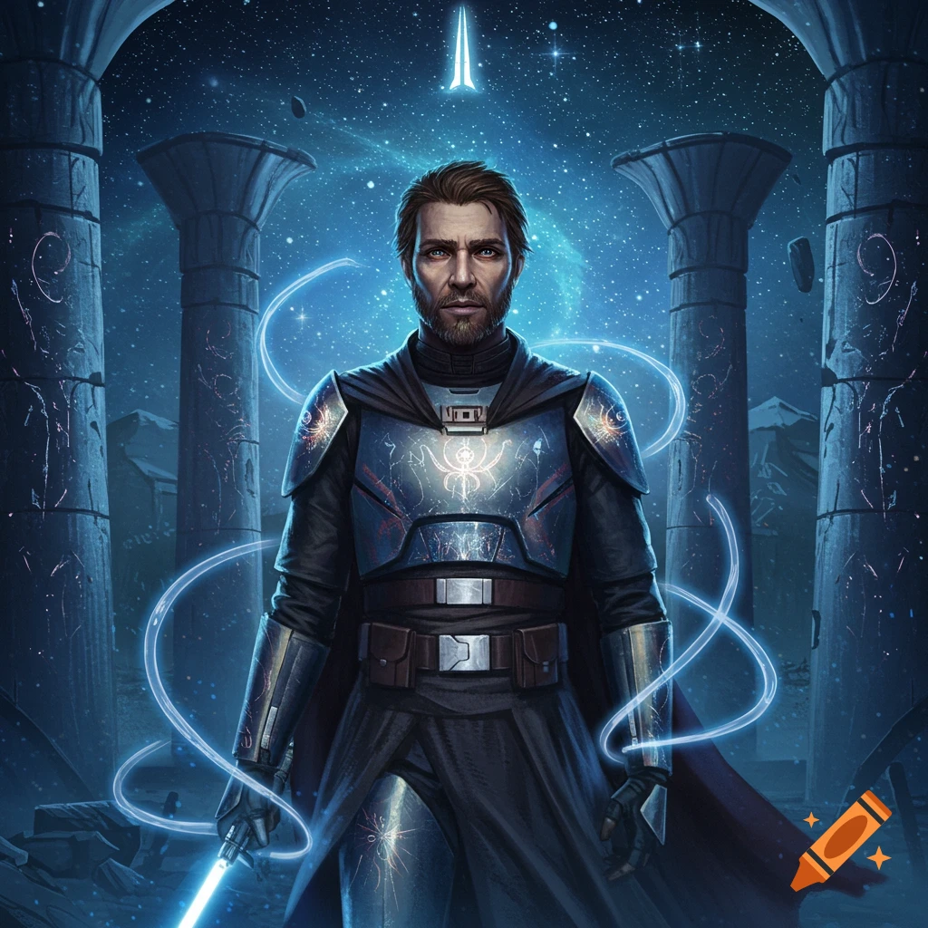 A bearded man in dark, ornate sci-fi armor with glowing blue accents stands with a lightsaber against a starry sky and ancient pillars.
