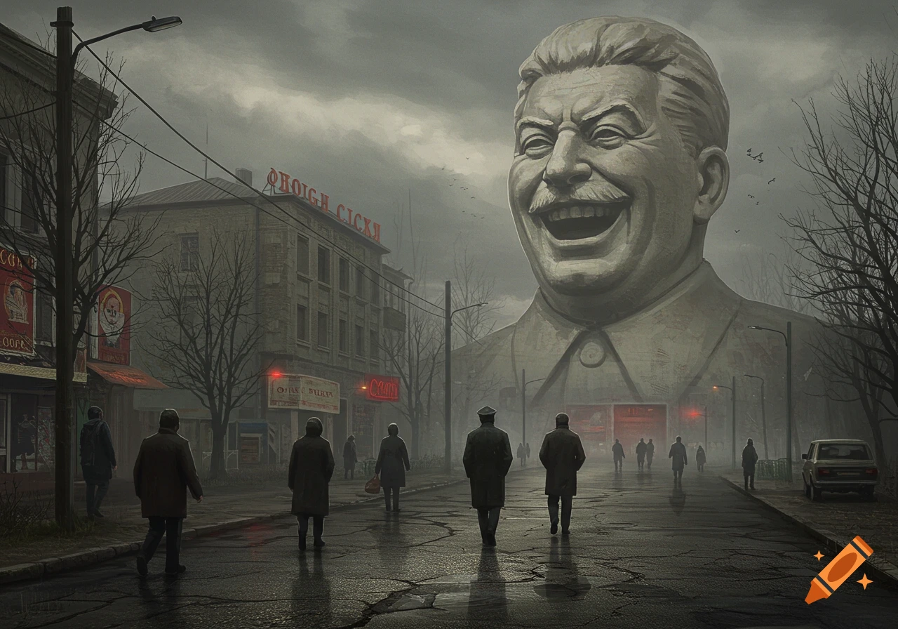 A vast, smiling Stalin statue looms over a gloomy, rainy USSR street with pedestrians and old buildings.