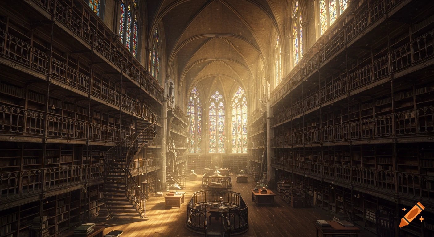 An ancient, grand library with towering bookshelves, spiral staircases, and warm golden light streaming through large stained-glass windows.