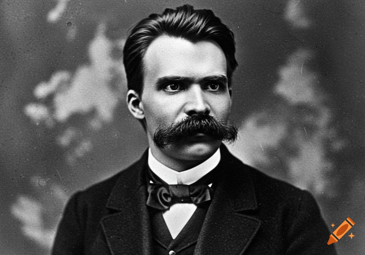 Black and white portrait of philosopher Friedrich Nietzsche, a man with a prominent mustache and slicked-back hair, wearing a suit.