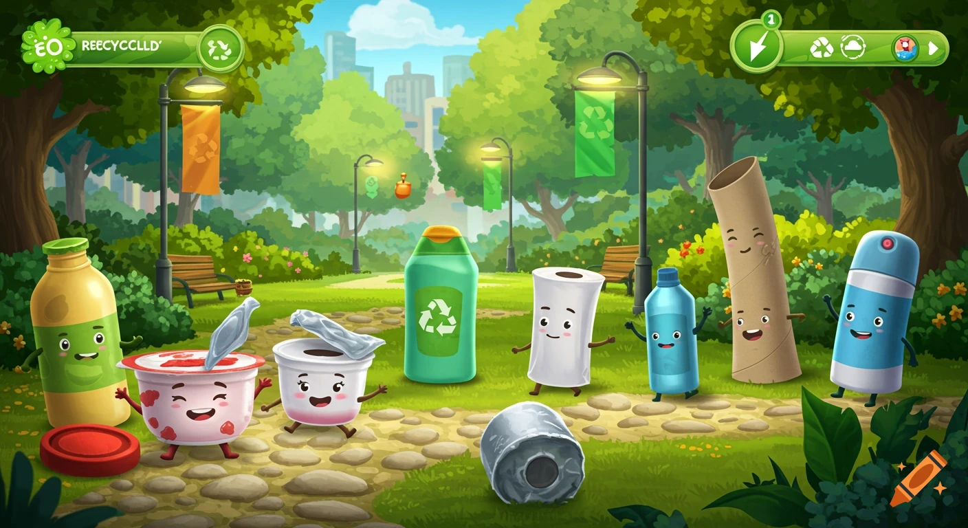 Cartoon illustration of anthropomorphic recyclable items (yogurt pots, bottles, cans, tubes) with faces and limbs in a park.
