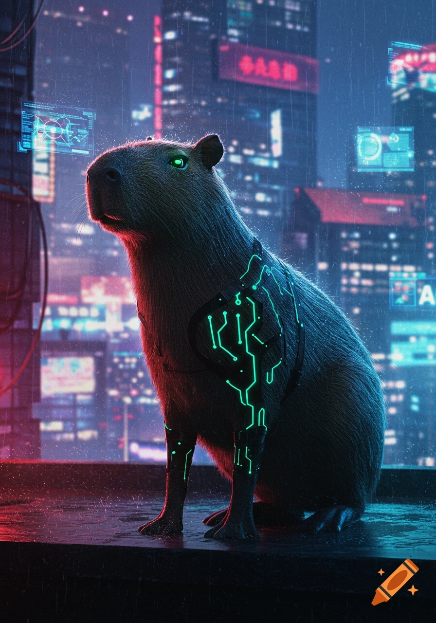 A cybernetically enhanced capybara with glowing green eyes sits on a rainy rooftop in a neon-lit cyberpunk city.