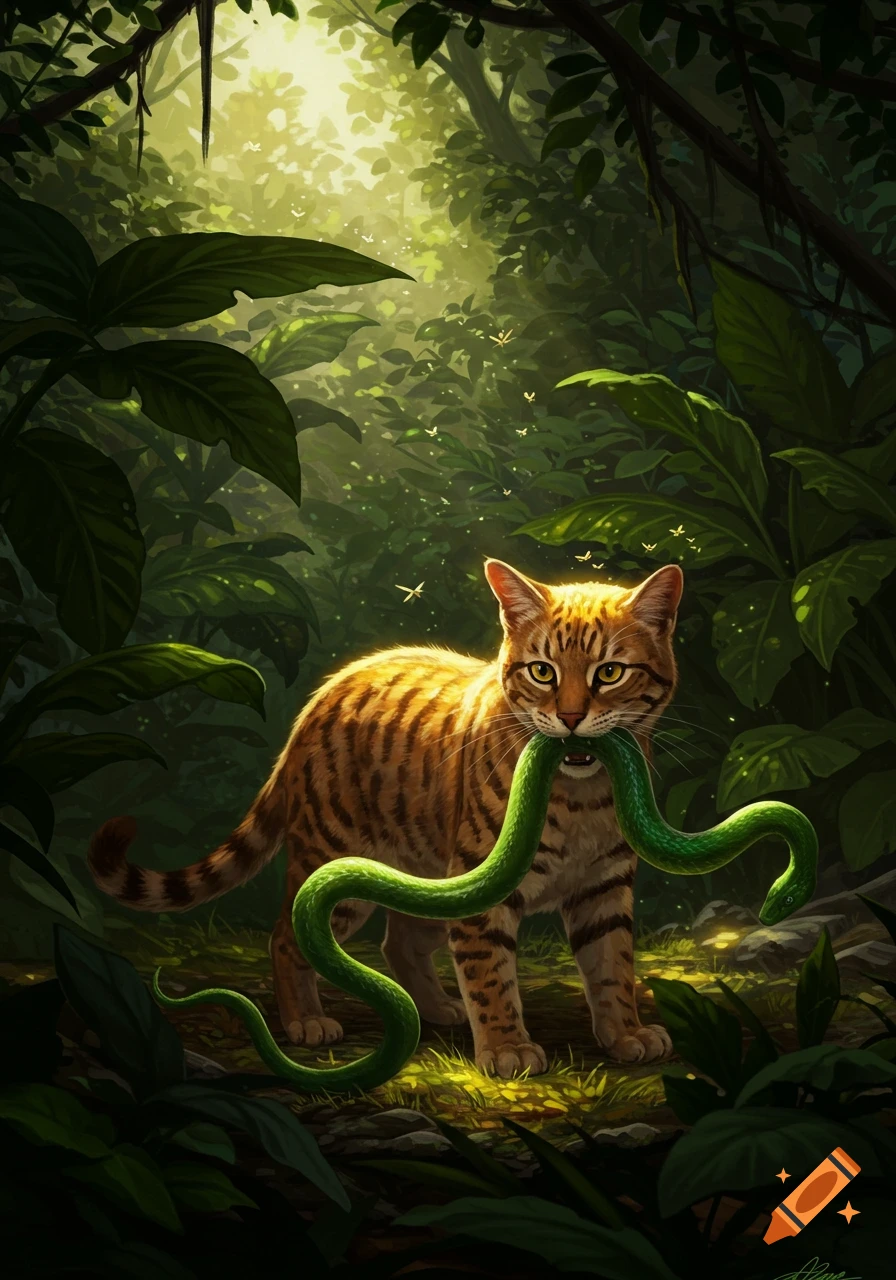 A stylized illustration of a striped cat holding a green snake in its mouth in a lush, sunlit jungle.