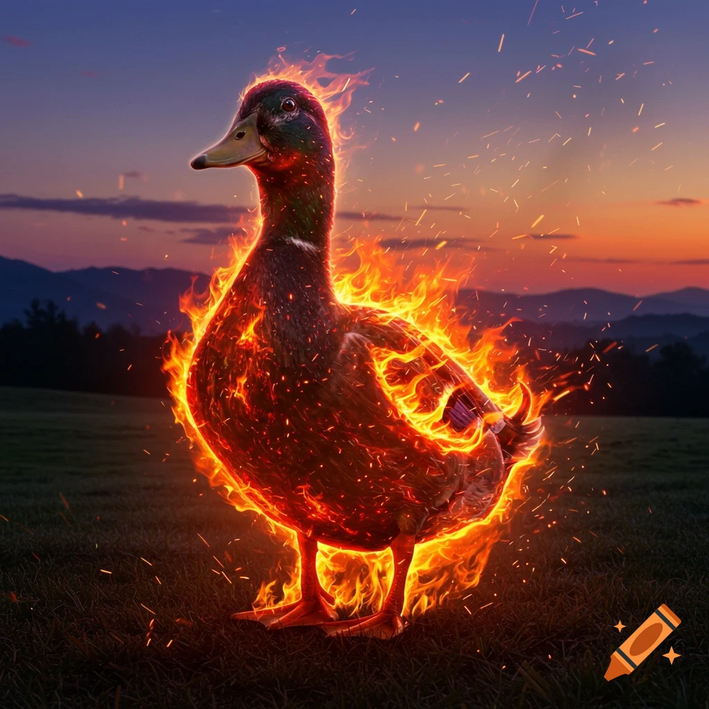 A mallard duck is engulfed in glowing orange and red flames, standing in a grassy field at sunset.