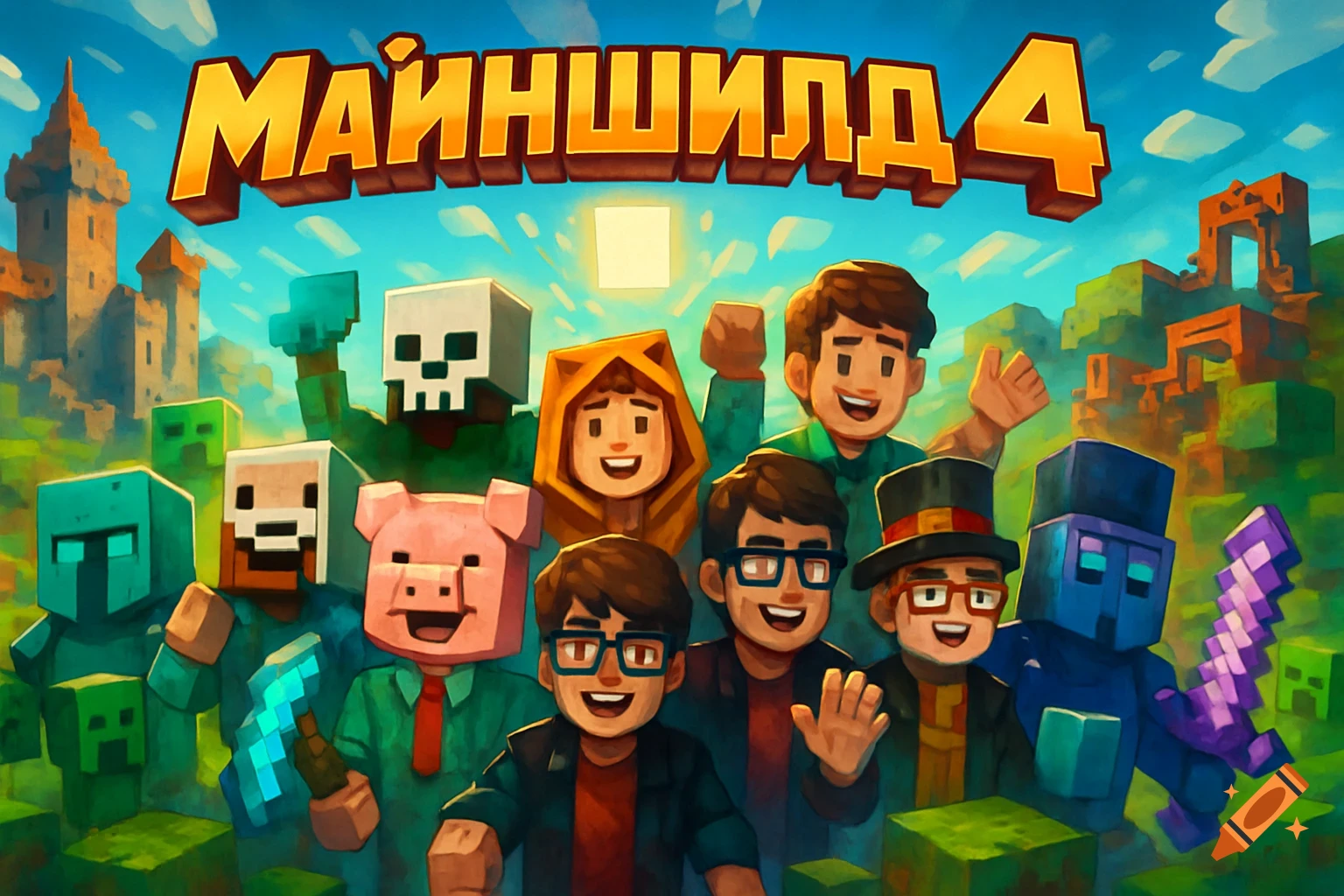 A vibrant, blocky illustration in Minecraft style, featuring a group of diverse characters and the title "МАЙНШИЛД 4".
