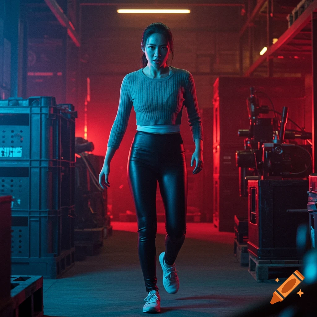 A Taiwanese woman in a grey cropped sweater and black shiny leggings moves stealthily through a red and blue lit warehouse.