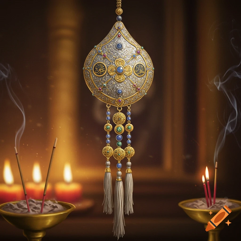 Intricate silver and gold pendant with jewels and tassels, lit incense, and glowing candles in a warm, spiritual setting.