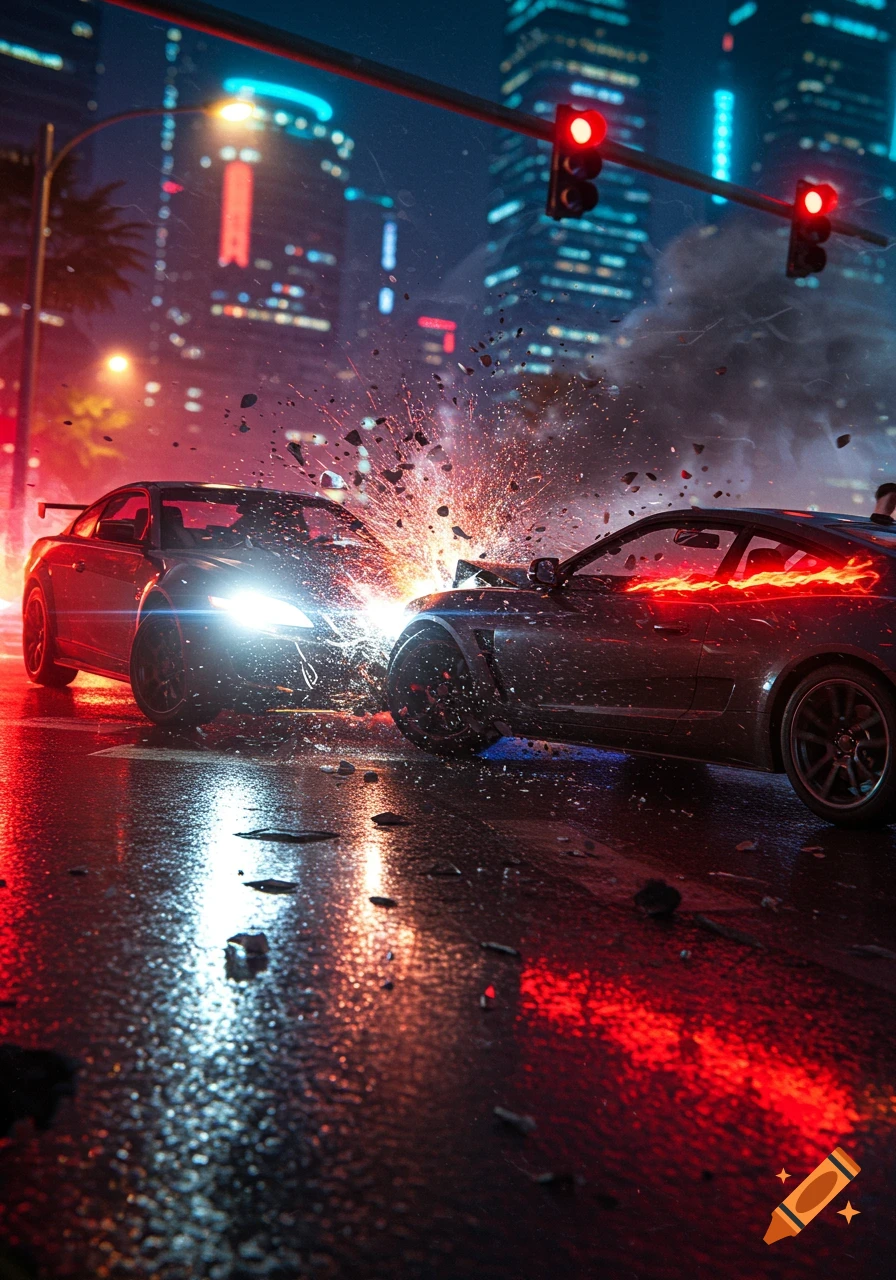 Two sports cars collide on a wet city street at night, with sparks and debris, under red traffic lights and neon buildings. Photorealistic.