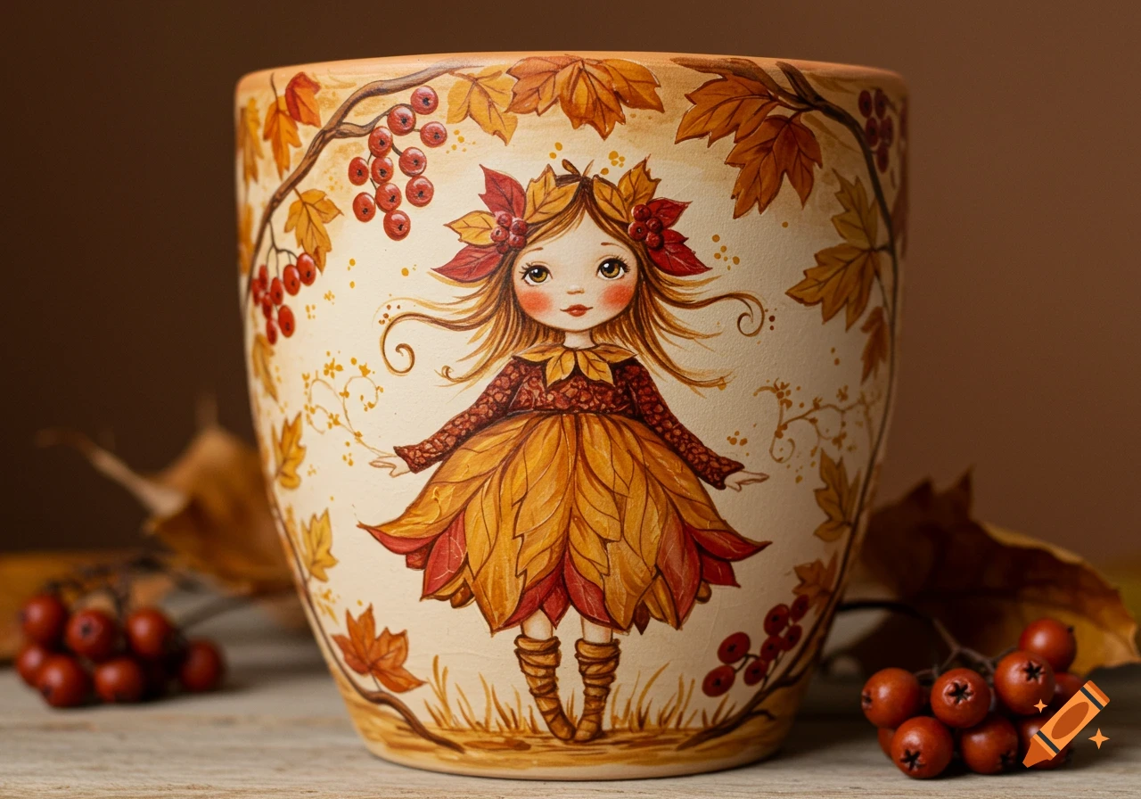 A decorative ceramic pot painted with a cute autumn leaf fairy girl, surrounded by red berries and fall foliage on a rustic table.