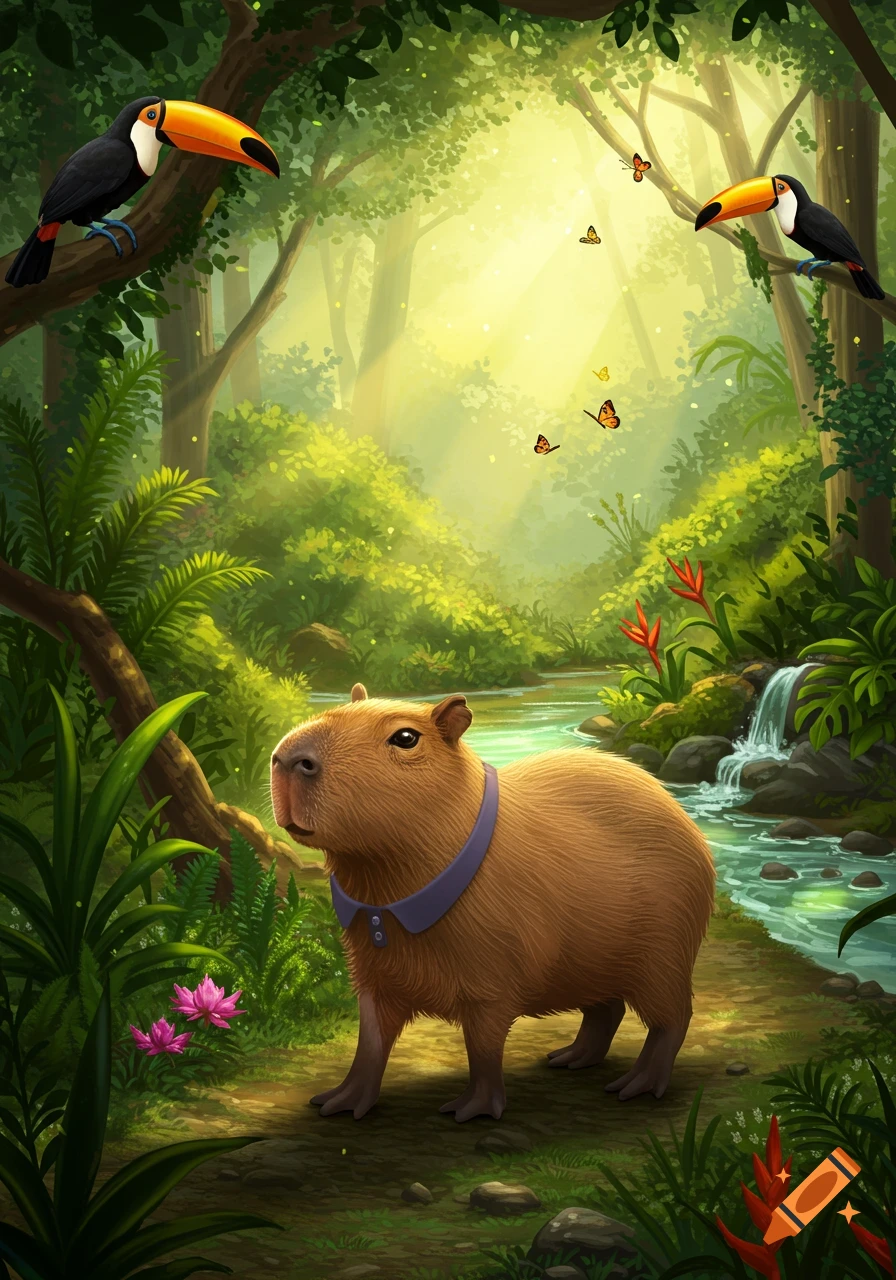 An illustrated capybara with a purple collar stands on a path in a sunlit jungle with toucans, butterflies, and a waterfall.