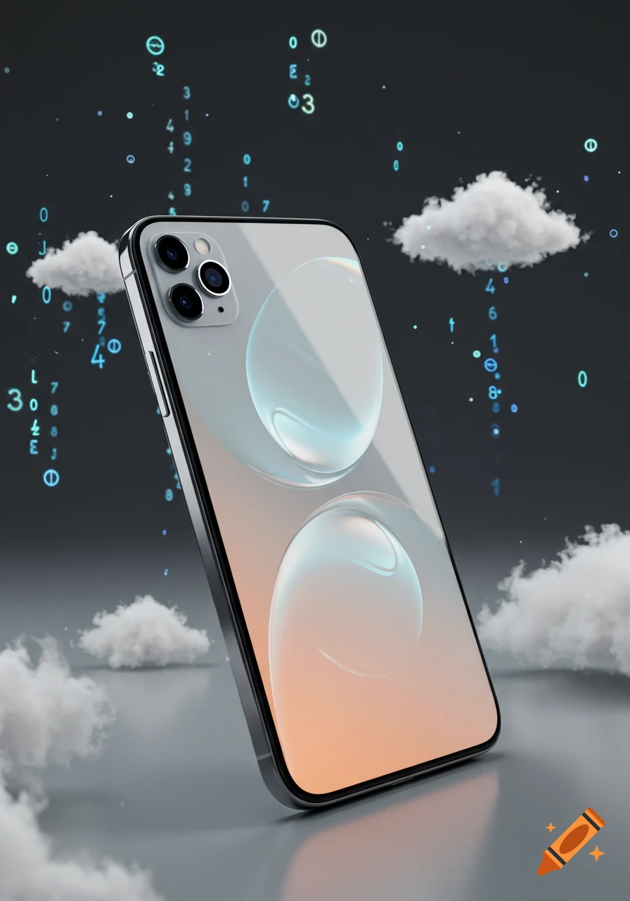 Photorealistic iPhone floating amidst clouds and glowing digital data in a dark setting.