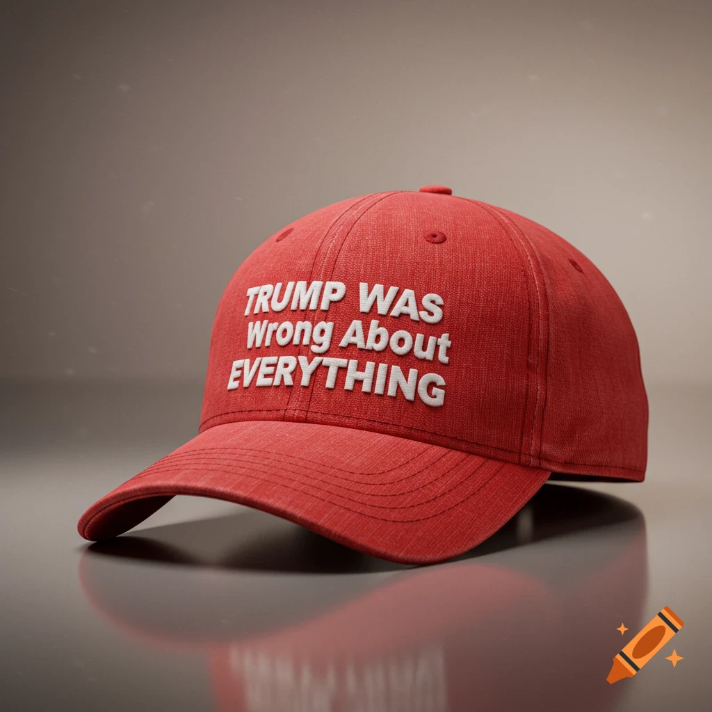 A photorealistic image of a red baseball cap with white embroidered text reading 'Trump Was Wrong About Everything'.