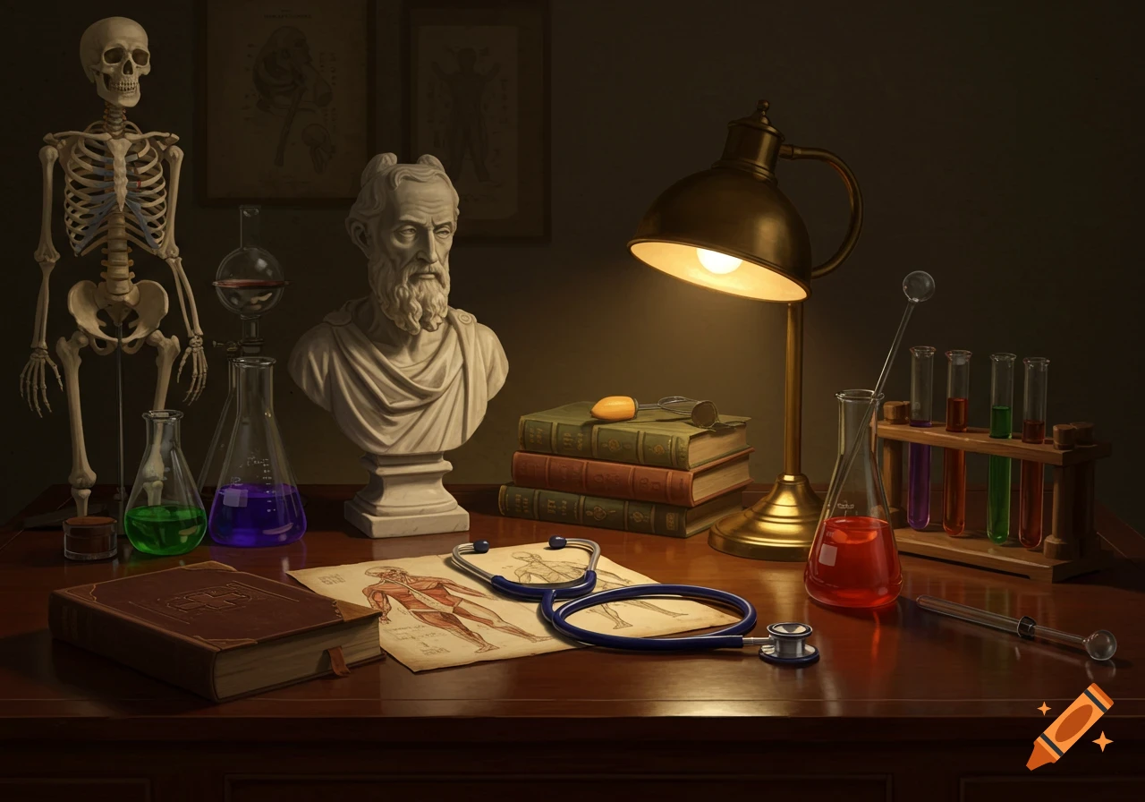 A dimly lit desk displays a skeleton, a classical bust, anatomical drawings, a stethoscope, lab equipment with colorful liquids, and stacked books under a warm lamp.