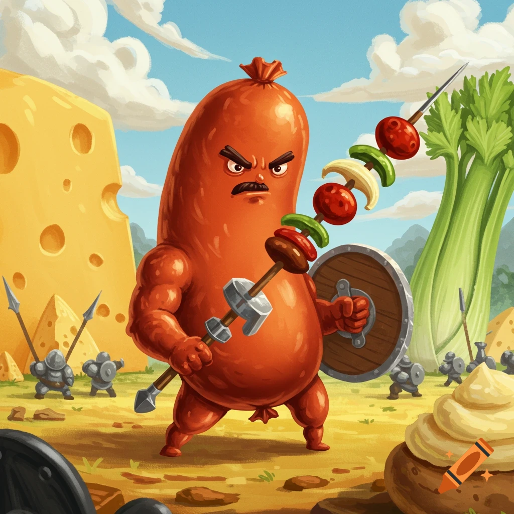 An angry cartoon sausage warrior with a mustache, holding a vegetable skewer spear and shield, in a fantasy landscape with giant cheese and celery.