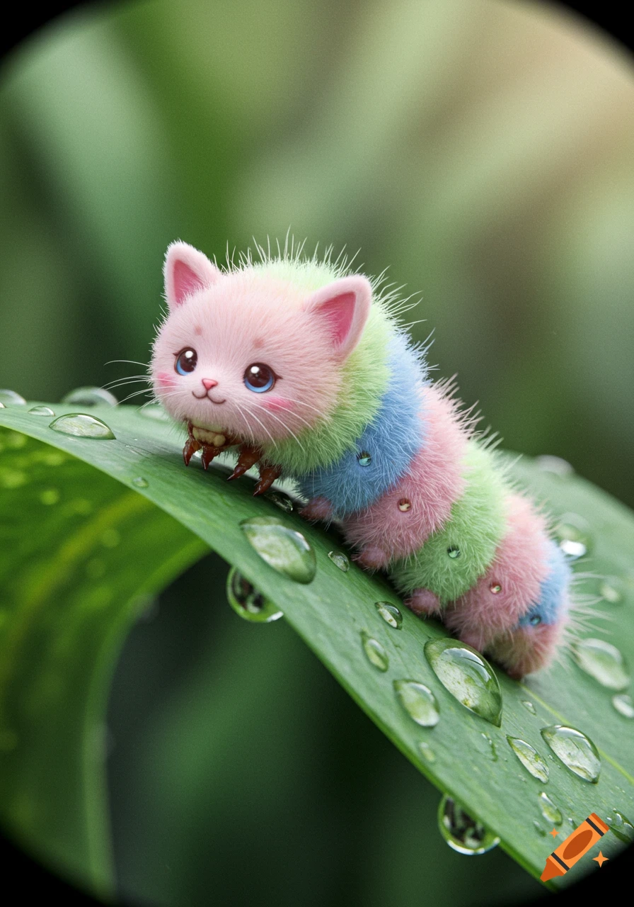 A furry, colorful cat-faced caterpillar with blue eyes and pink cheeks sits on a green leaf covered in water droplets.