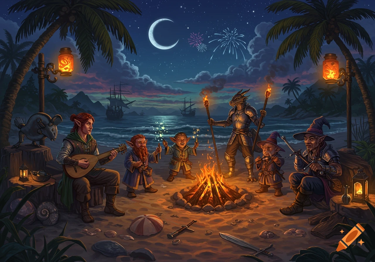 Fantasy characters gather on a tropical beach at night, with a campfire, fireworks, and ships in the distance, in a detailed digital illustration.