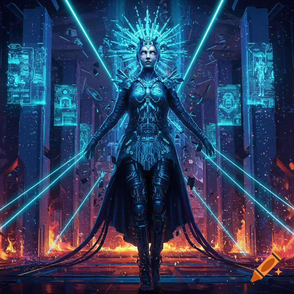 A majestic techno queen with glowing eyes and an intricate circuit board-patterned suit stands with arms outstretched amidst a futuristic, neon blue and orange cityscape with fire and debris.