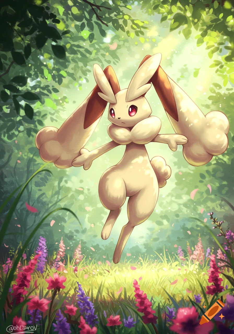 A cream-colored Lopunny floats in a vibrant, sunlit forest with purple and pink flowers, in an anime illustration style.