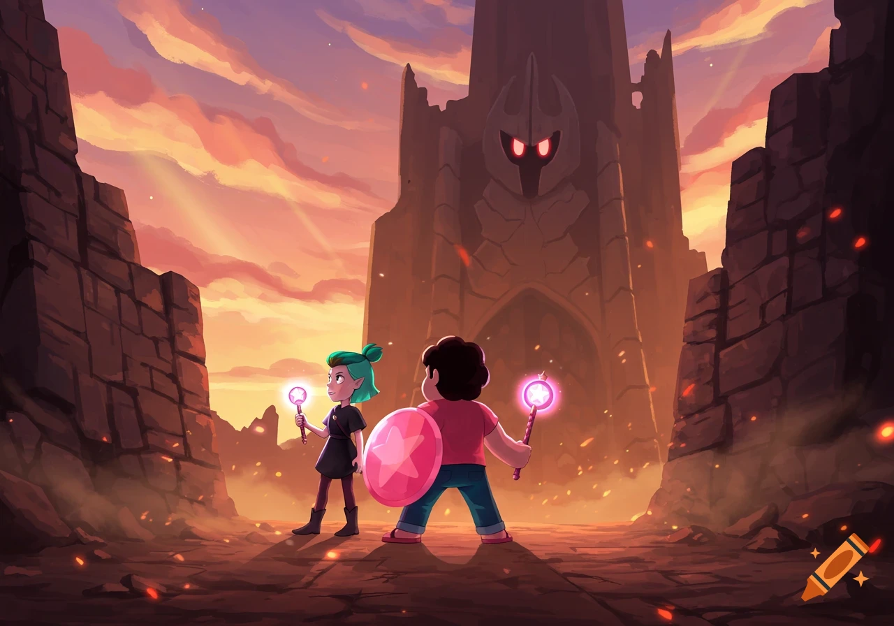 Steven Universe and Amity Blight face a dark, glowing-eyed castle at sunset, holding a pink shield and a magical staff.