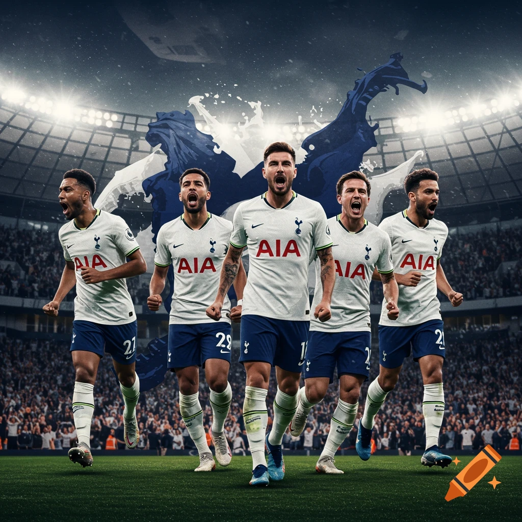 Five football players in white and blue uniforms celebrate on a stadium pitch with a dynamic blue and white splash behind them.
