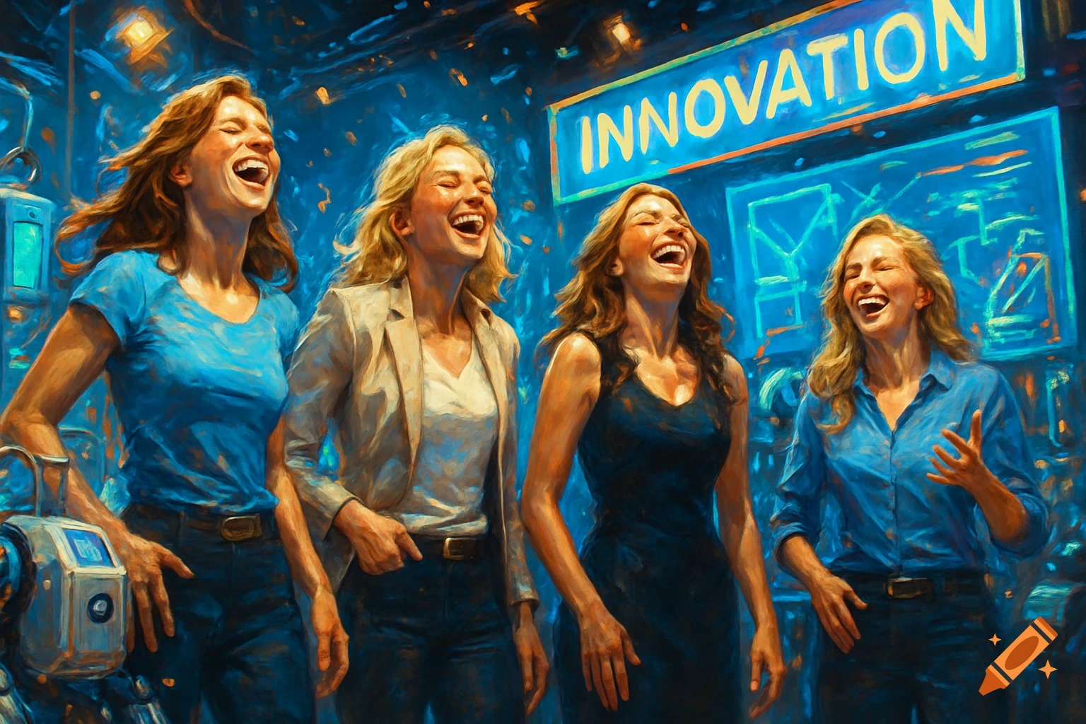 Four women laughing on a futuristic convention stage with a glowing 'INNOVATION' sign, rendered in a high-energy digital painting style.
